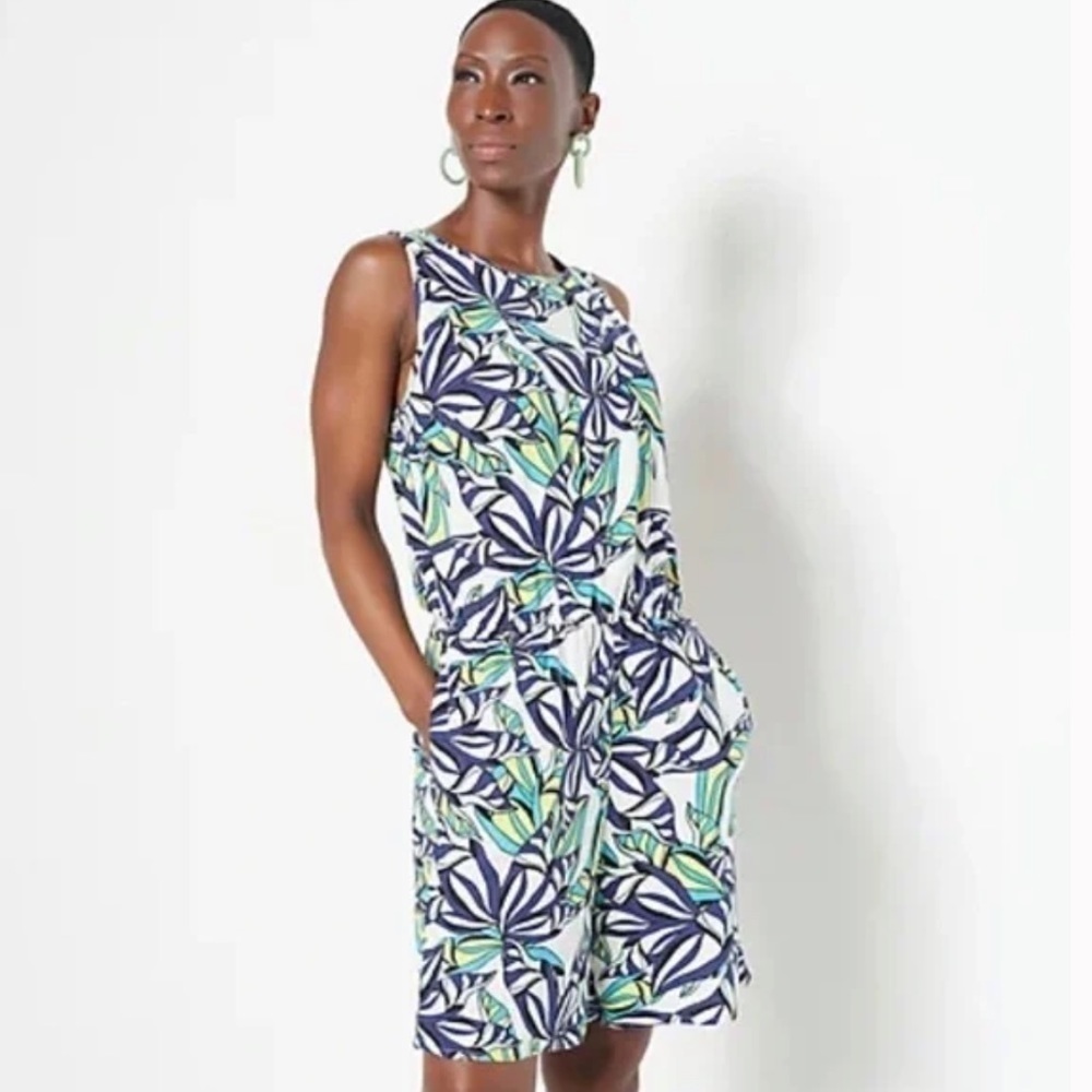 JASON WU XL Linen Romper Blue Palm Playsuit